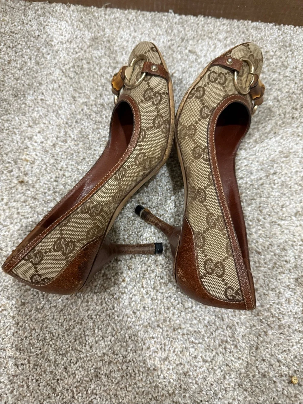 Gucci Beige Brown Monogram Bamboo-Trim High Heels